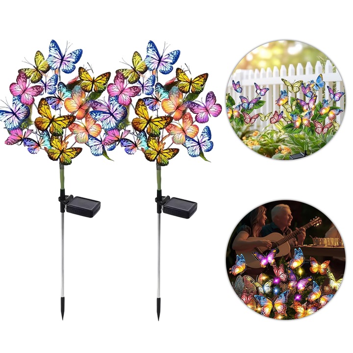 Pachet 2 Lampi solare LED de exterior, pentru curte, gradina, LED cu fluturi, impermeabile, multicolor, IP65, 65cm