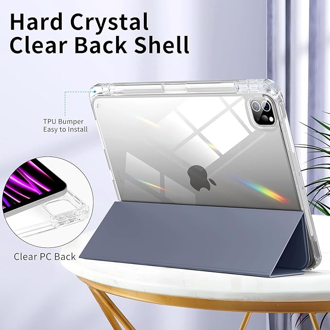 Husa protectie pentru iPad Air 6 2024, 10.9/11 inch, cu suport pentru creion, pliabil, transparent, material TPU, mov