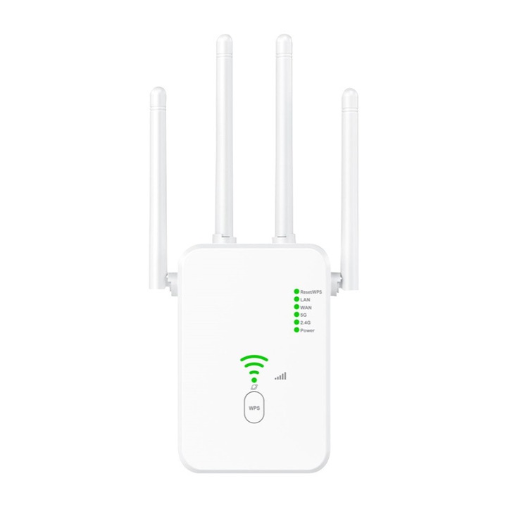 Рутер Fantasy, безжичен, 300Mbps усилвател на сигнала, 4 фиксирани антени, 5G, мини преносим, 17x6x3.5cm, бял