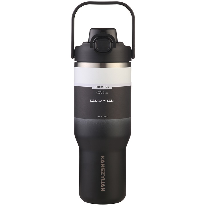 1000 ml-es termosz bögre, autós vizes bögre, 304 rozsdamentes acél, közvetlenül iható, beépíthető szívószál, alacsony hőmérsékleten nem fagy le, kávé, tea, eszpresszó, csokoládé vagy hideg italok készítésére alkalmas, Fekete-fehér