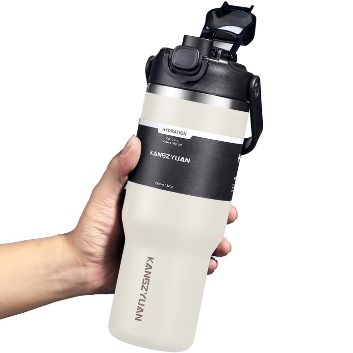 Cana termos de 1000 ml, cana cu apa auto, otel inoxidabil 304, poate fi baut direct, paie incorporata, temperatura scazuta nu ingheata, potrivita pentru cafea, ceai, espresso, ciocolata sau bauturi reci, Alb