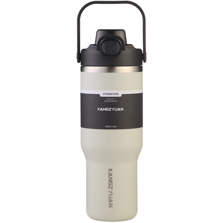 1000 ml-es termosz bögre, autós vizes bögre, 304 rozsdamentes acél, közvetlenül iható, beépíthető szívószál, alacsony hőmérsékleten nem fagy, alkalmas kávéhoz, teához, eszpresszóhoz, csokoládéhoz vagy hideg italokhoz, Fehér