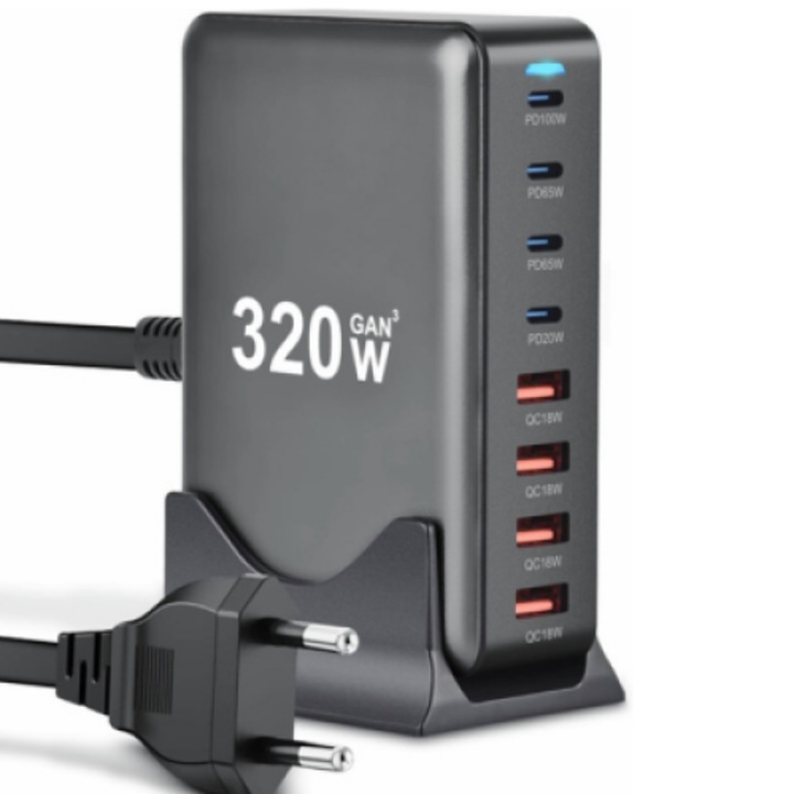 USB töltőállomás 320 W GaN 8 az 1-ben, 4 USB-C és 4 USB-A, ultragyors töltés, univerzális, szürke