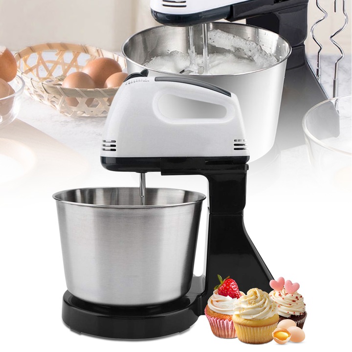 Mixer cu bol din inox, Mixer cu bol profesional multifunctional, putere 100 W, mixer 2 in 1, 7 trepte viteza, motor din cupru, capacitate bol 2 L, bol din Inox, palete si carlige cu Invelis metalic, design clasic, argintiu si negru
