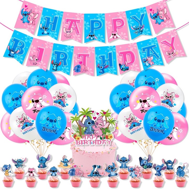 Комплект 18 детски балона, Лило и Стич, Рожден ден, 1 банер „Happy Birthday“, 15 топера за мъфини, 1 топера за торта, Син/Розов