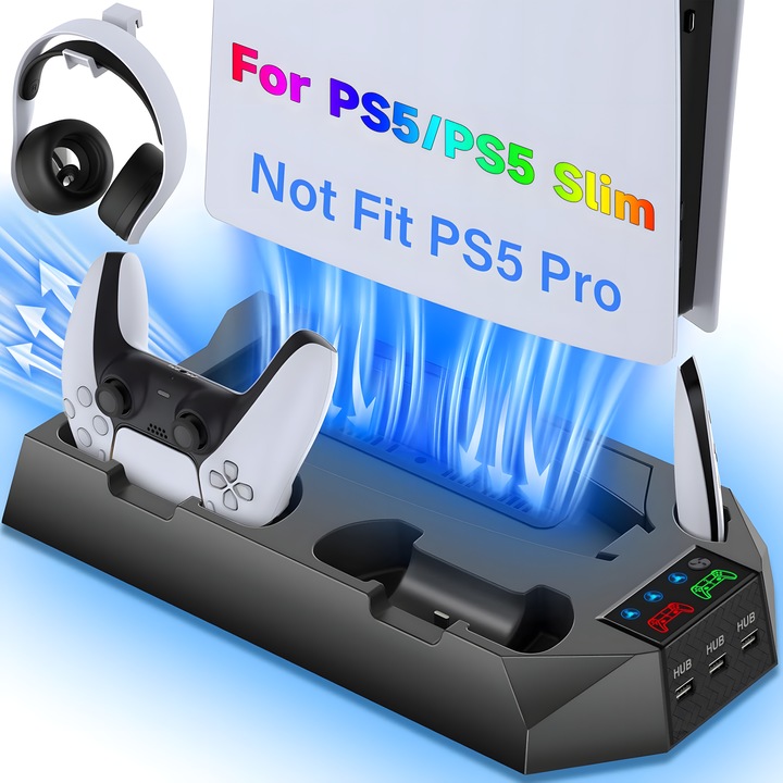 Állvány és hűtőállomás Ps5-höz, Excitat, dupla vezérlős töltőállomással, fejhallgató-támogatás, 3 USB-port, PS5 és PS5 Slim kompatibilis, PS5 Pro-val nem kompatibilis, fekete