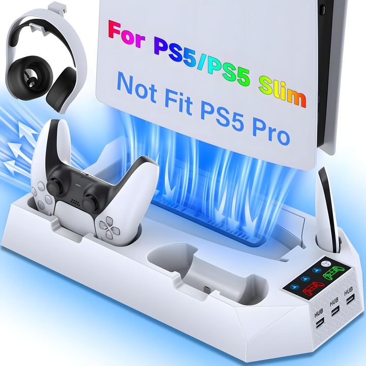 Állvány és hűtőállomás Ps5-höz, Excitat®, dupla kontrolleres töltőállomással, fejhallgató-támogatás, 3 USB-port, PS5 és PS5 Slim kompatibilis, PS5 Pro-val nem kompatibilis, fehér