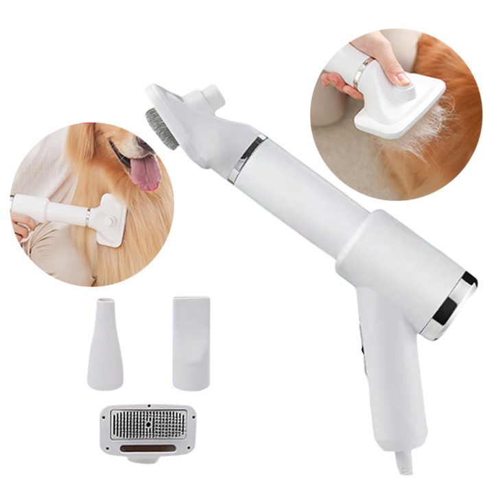 Uscator de par pentru animale, pentru descurcat si stilizat, cu 3 capete interschimbabile, 3 niveluri reglabile, auto-curatare cu un singur buton, 20000 RPM, aer cald, silentios, usor de manevrat, alb