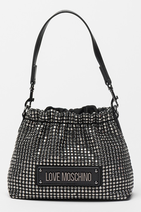 Love Moschino, Műbőr válltáska strasszköves rátétekkel, Fekete, Ezüstszín