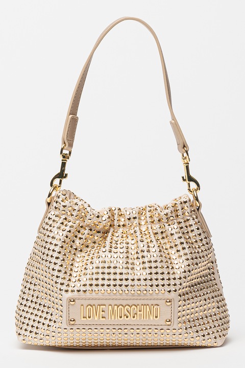Love Moschino, Geanta de piele ecologica cu bareta de umar si aplicatii de nituri, Auriu, Bej