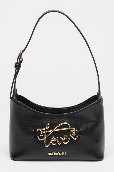 Love Moschino, Geanta cu aplicatie logo metalica si bareta de umar, Negru