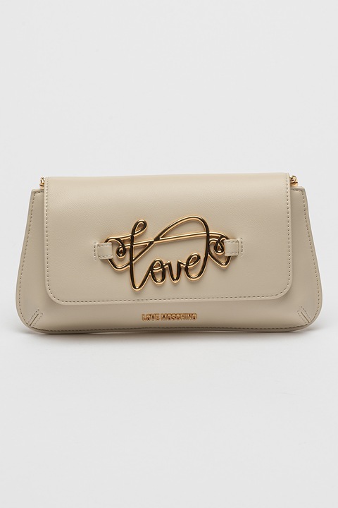 Love Moschino, Geanta crossbody de piele ecologica cu bareta lant, Alb fildes