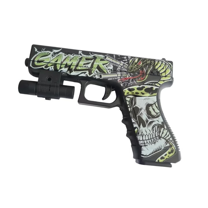 Pistol de jucarie tip Glock, cu laser detasabil, incarcare manuala, 18 cm, bile de gel orbeez, 14+, culoare Verde