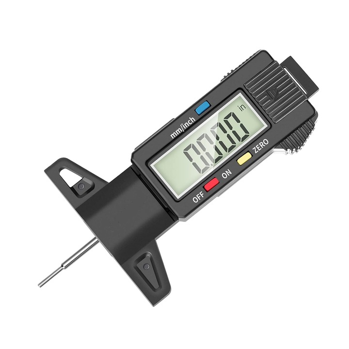Манометър за гуми, Axroad Mall, обхват на измерване 0-25 мм, точност 0,1 м, LCD, превключване мм/инч, прецизен анализ, ясна скала, преносим, за измерване на износването на гуми, ABS/неръждаема стомана, 113x60 мм, черен