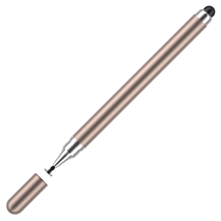 Универсален стилус Precise Lines за таблет или телефон, Axroad Mall, Сензорни писалки, 2 в 1, Двойна глава, С диск за сензорни екрани, Висока прецизност и чувствителност, За рисуване и писане, Пластмаса/Силикон, 0.9x0.9x12.5 см, Златен