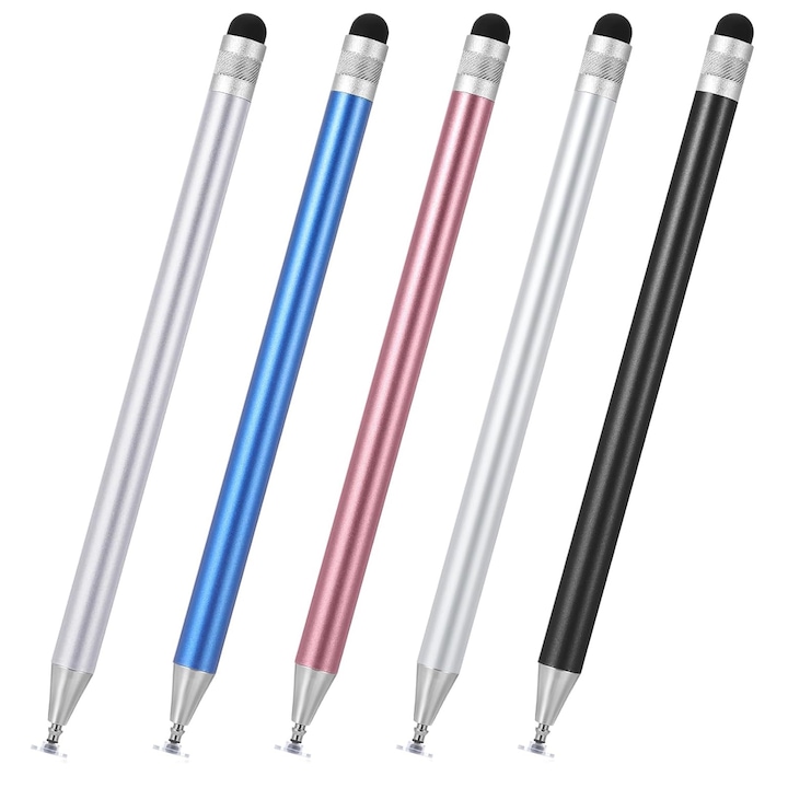 Set 5 Stilouri Tableta, Axroad Mall, Pixuri Tactile, 2-in-1, Cap dublu, Cu disc pentru ecrane tactile, Precizie si sensibilitate ridicate, Ergonomic, Desenat si scris, Pentru tableta sau telefon, Plastic/Silcon, 0.8x0.8x13cm, Multicolor