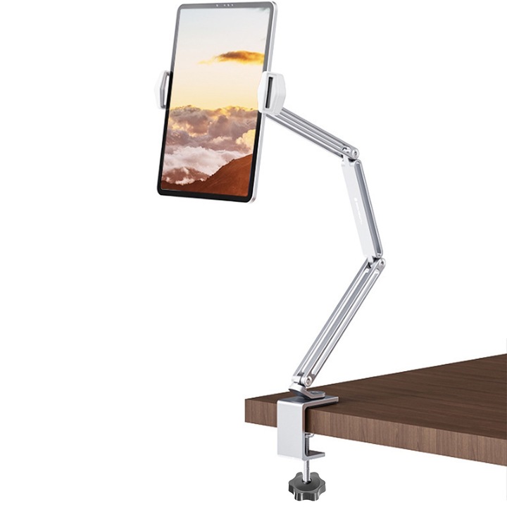 Suport de Birou Pentru Telefon si Tableta, Axroad Mall, Brat lung, Extensibil, Pivotant, Prindere cu clema, Cu tampon de silicon anti-alunecare, Flexibil, Ajustabil, Brat de prindere, Pentru pat, Aliaj, 78x16.6x4.5cm, Argintiu