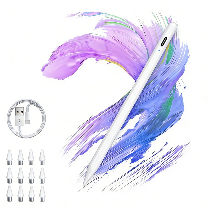 Stylus Pen Universal, Axroad Mall, Cu 8 capete de rezervasi cablu Type C, Touch control, Baterie 140mAh, De inalta sensibilitate, Lag-free, Pencil magnetic, Profesional, Pentru tableta iPad Apple 2010-2024, Android, Windows, 8.9x8.9x166mm, Alb