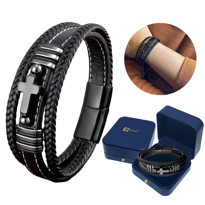 Bratara barbateasca, Excitat, forma de cruce, Piele, tesuta manual in mai multe straturi, catarama cu magnet din otel inoxidabil, Credinta si protectie, Ambalaj rafinat cutie cadou din piele, Potrivit pentru zile de nastere, aniversari, sarbatori