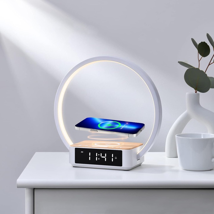 Ceas multifunctional cu LED, 4 in 1, lampa ambientala cu ceas, cu Incarcator rapid wireless 15W si lampa LED, alarma ceas cu lumina de trezire, 3 niveluri de luminozitate, alb
