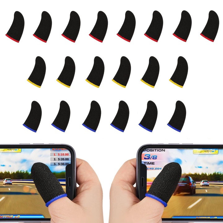 Set 20 Manusi Mobile Gaming, Degetare Gaming Profesionale, Axroad Mall, Anti-alunecare, Raspuns instant, Respirabile si rezistente la transpiratie, Pentru telefon si tableta, Fibra carbon, 45x25mm, Rosu/Galben/Albastru