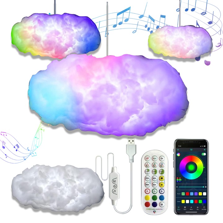 Ambientala lampi LED, nori de fulgere 3D cu efecte de culoareLampa ambientala decorativa, moduri multiple, sincronizare muzicala, control prin aplicatie, telecomanda, USB-C, pentru dormitor, living sau sufragerie, camping