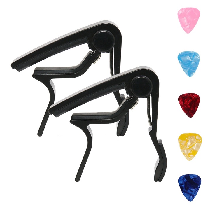 Комплект капо за китара, Комплект от 7 аксесоара за китара, Axroad Mall, 2 каподастра + 5 перца за китара, Преносим, Ергономичен дизайн, За професионални свирачи и начинаещи, Алуминиева сплав/ Силикон/ ABS, 8x8 см/ 3×2.5 см, Черен/ Многоцветен