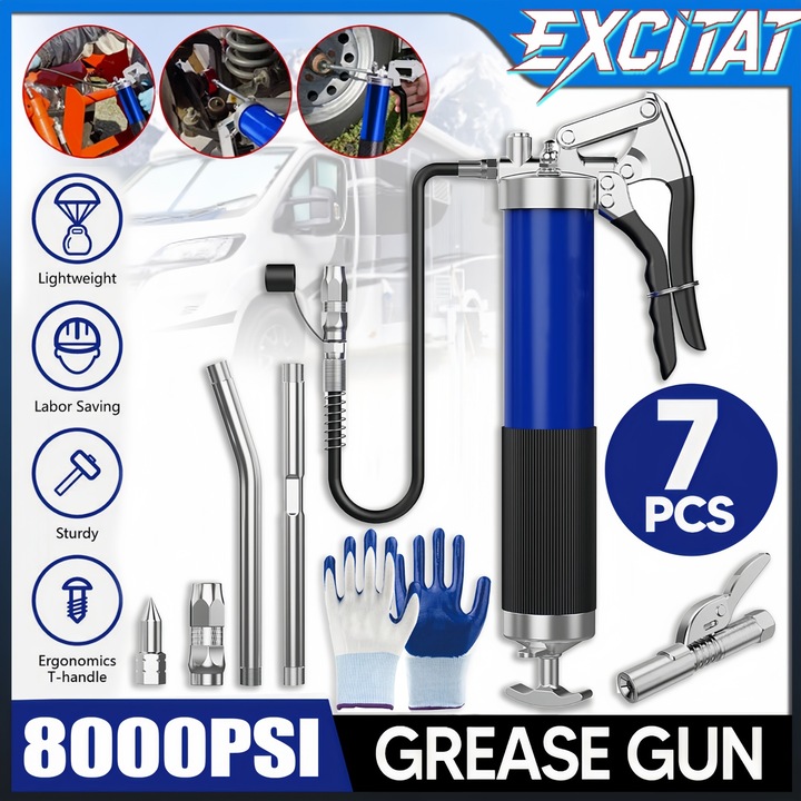 Pompa de gresat manuala, Excitat®, 8000 PSI Kit pistol pentru unsoare cu maner de pistol, blocare puternica actualizat, furtun elastic cu arc, tuburi rigide de extensie si duza ascutita, Argintiu