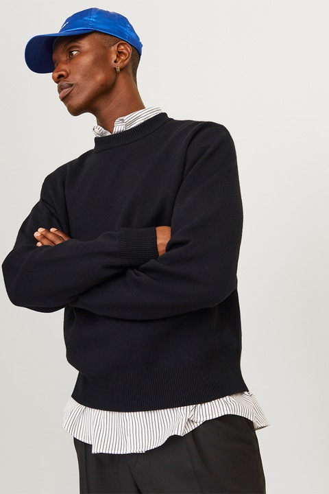 Jack & Jones, Свободен пуловер с овално деколте, Черен