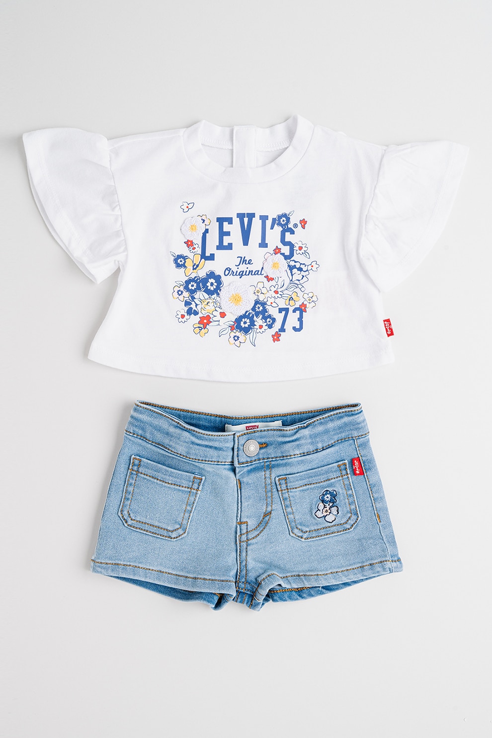 Levi's, Set de tricou din amestec de bumbac cu imprimeu si pantaloni scurti - 2 piese, Alb, Albastru, 92 CM