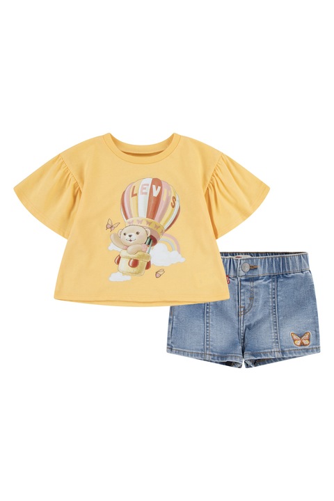 Levi's, Set de pantaloni scurti si tricou din amestec de bumbac, Albastru prafuit/Galben sofran