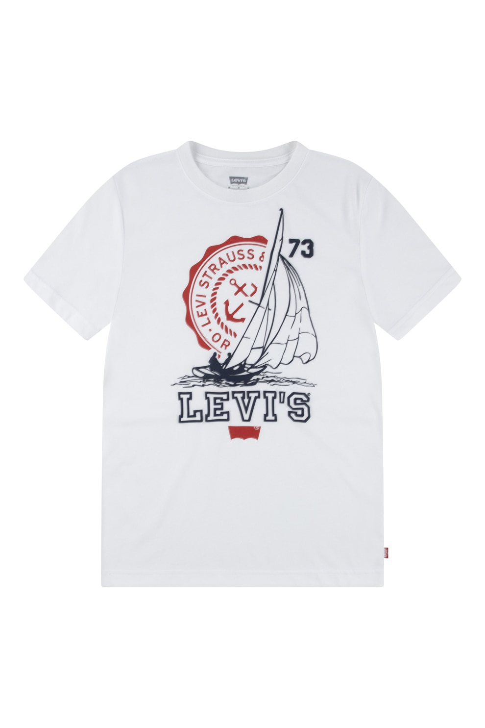 Levi's, Tricoucu decolteu la baza gatului si imprimeu logo, Alb, Albastru ultramarin, Rosu inchis, 140 CM