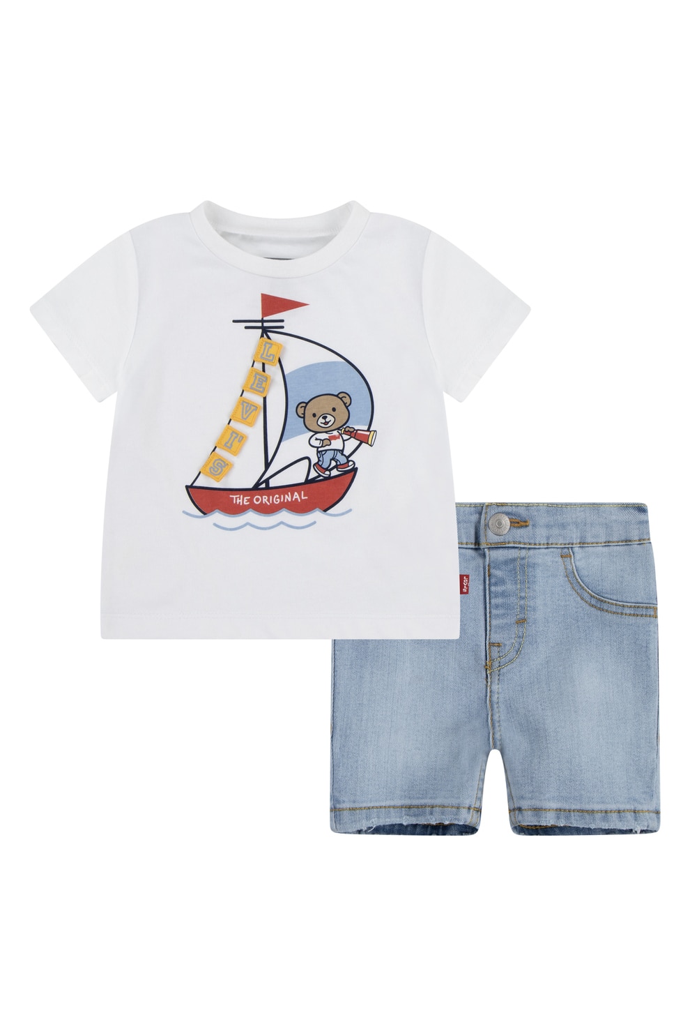 Levi's, Set de blugi scurti si tricou cu imprimeu, Rosu, Albastru prafuit, Alb optic, 80 CM