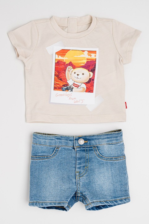 Levi's, Тениска с принт и къси дънки, 2 части, Бежов/Син