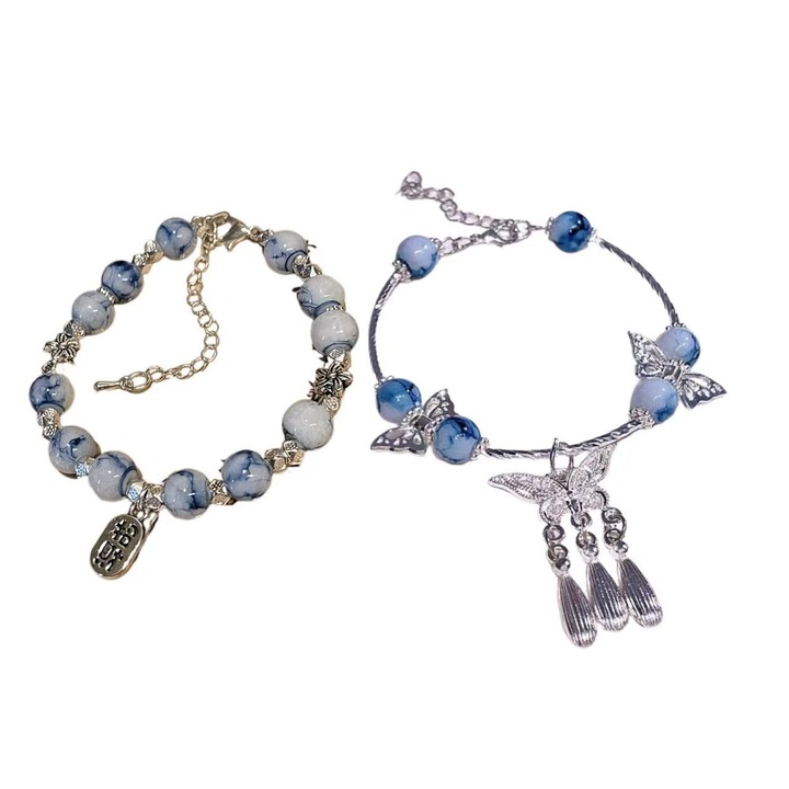 Set 2 Bratara fluture din portelan albastru si alb, Butterfly tassel charm, pentru purtare zilnica si petreceri, cadou de Ziua Indragostitilor