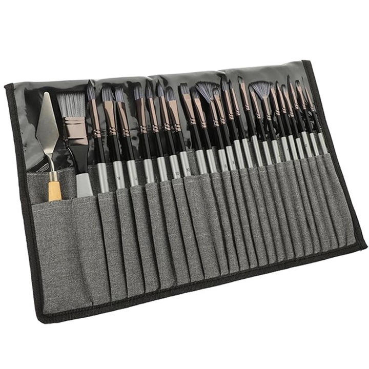 Set de 24 pensule din par de nailon, accesorii pentru desen, pensule pentru pictura in acrilic/ulei/acvarela, pensule pentru pictura acrilica cu husa pentru pensule din panza