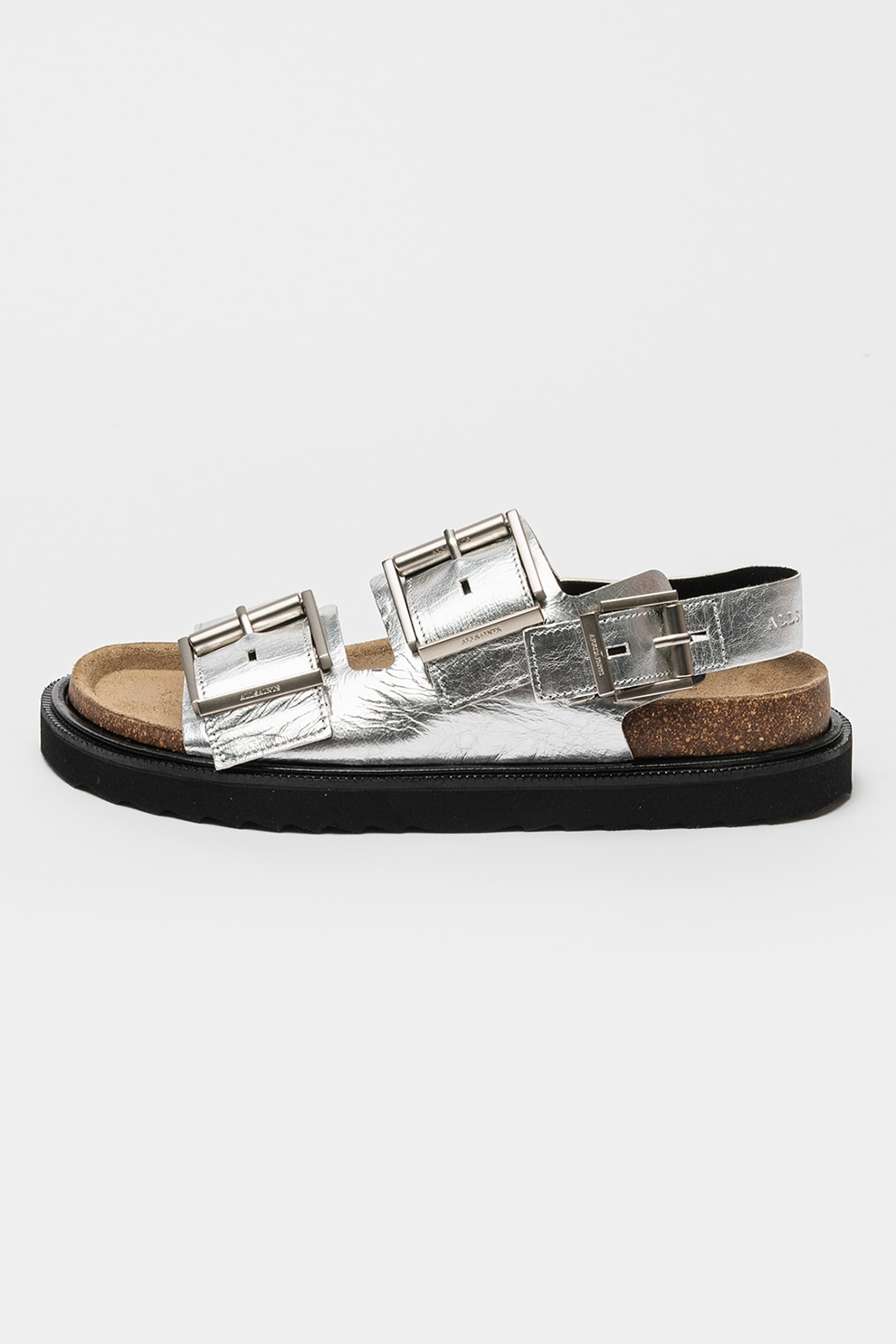 AllSaints, Sandale de piele cu catarama, Argintiu, 38