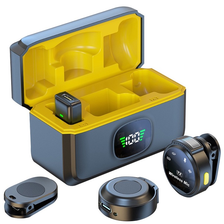 Set 2 Lavaliere Profesionale cu Carcasa de Incarcare Fast Recharge, Fudisenn, iPhone, Omni Directionala, Actualizare pentru Anulare a Zgomotului, YouTube, TikTok, Discord, Gaming Stream, Negru， 8×6×4cm