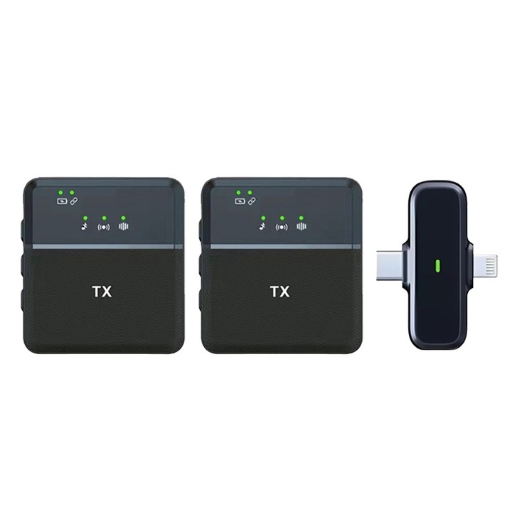 Set 2 microfoane duble lavaliera, Fudisenn, Conexiuni Type C, Ajustare Volum in timp real, AI Reducere zgomot, functii afisate pe microfon，negru，Autonomie baterie 3-6h,47X43X10.6mm