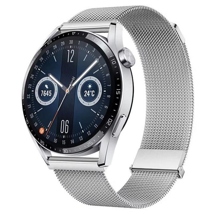 Curea metalica compatibila cu Samsung Galaxy Watch FE 4 5 6 7 40 42 43 44 45 46 47 Classic, Galaxy Watch 42mm, Active 2 40 / 44, 3 41 mm, bratara inox, argintiu, 20mm