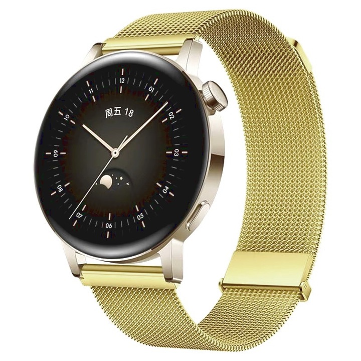 Curea metalica compatibila cu Huawei Watch GT4 41mm, GT5 41mm, GT5 Pro 42mm, bratara inox, auriu, 18mm