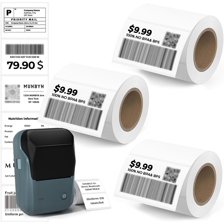 Set de 3 bucati Etichete Autoadezive Termice, EXCITAT®, 50 x 30 mm, Perfor de Rupere, 230 Etichete / Rola, Rezistent la apa, durabil si usor de utilizat, Alb