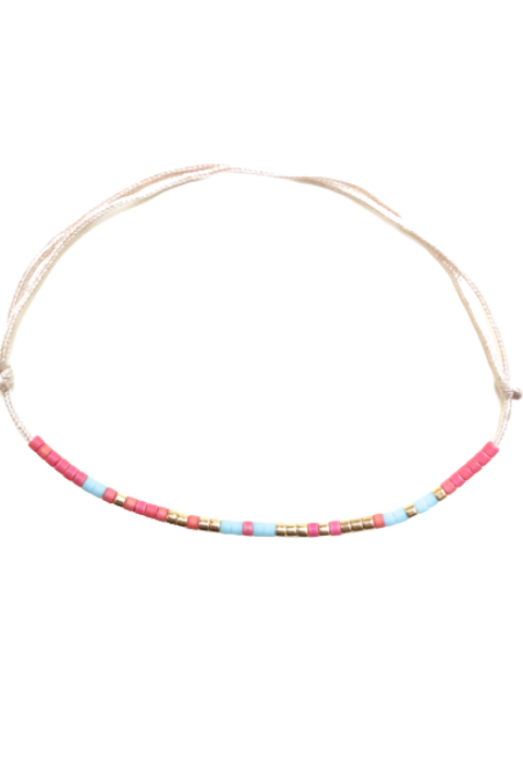 Bratara mesaj cod Morse "TE IUBESC", reglabila, dama, snur matase, placat cu aur 24K, albastru/roz