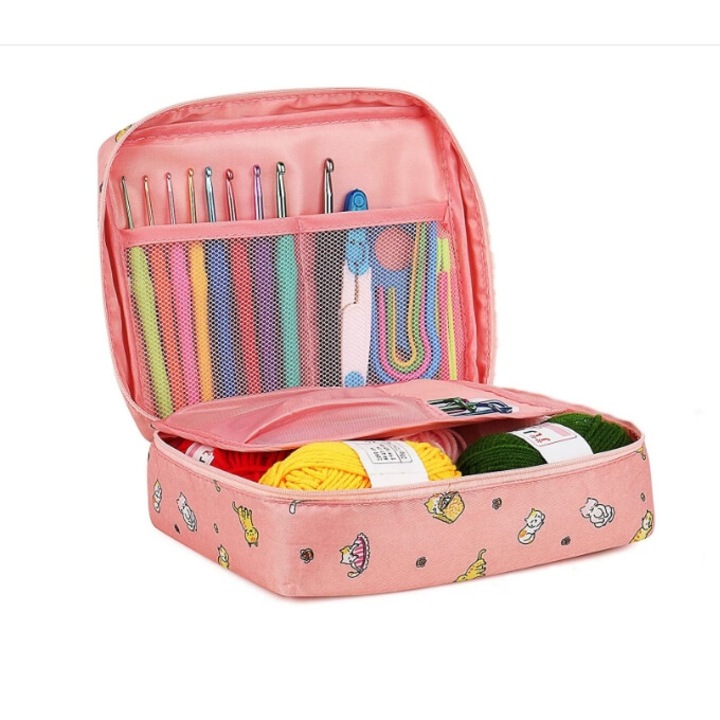 58 Piese Set de crosetat, ANUTETOUNI®, husa de depozitare, roz