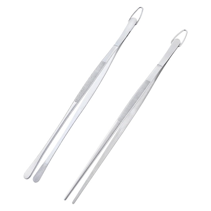 Set 2 Cleste Tip Penseta pentru Bucatarie, SINBINTA, Cu suport pentru agatat, Anti-alunecare, Rezistenta la temperaturi ridicate, Usor de curatat, Design ergonomic, Pentru decorare, manevrare produse fierbinti, Otel inoxidabil, 30.5cm, Argintiu