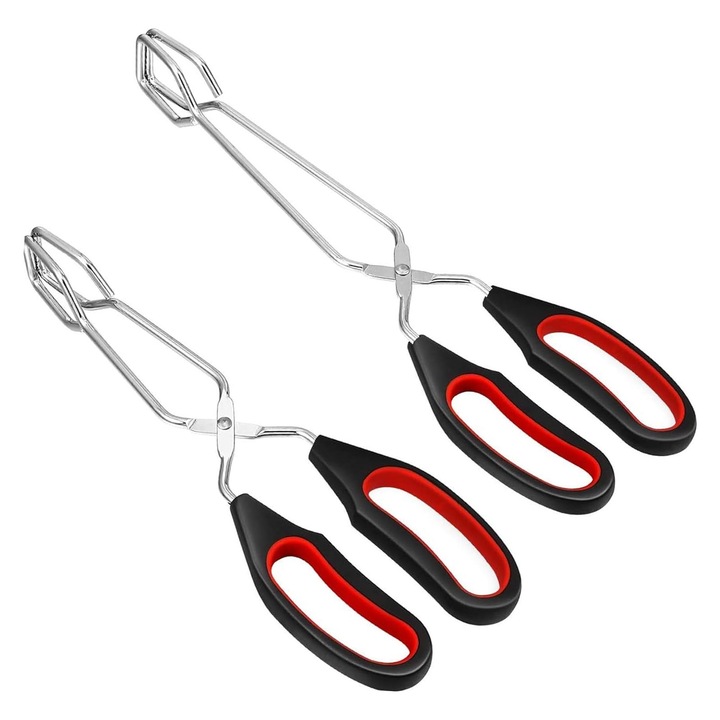 Set 2 Clesti Bucatarie, SINBINTA, Tip foarfeca, Antiderapant si rezistenta la temperaturi ridicate, Usor de curatat, Design ergonomic, Pentru gatit alimente la gratar, Otel inoxidabil, 33/28cm, Negru/Argintiu