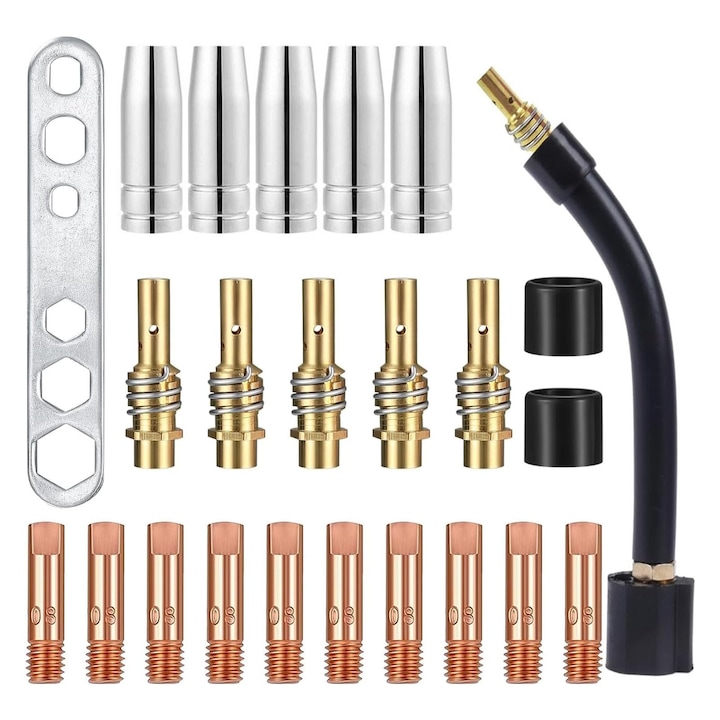 Set Duze pentru MB15AK MIG Pistol de Sudura, SINBINTA, Cu 20 duza de contact, cheie reglabila, gat arzator, 2 izolatoare, Rezistenta la coroziune, Usor de instalat, Robusta si durabila, Pentru sarma, Cupru, Multicolor
