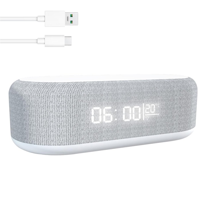 4 в 1 Декоративен дигитален часовник, Axroad Mall, Аларма, Безжично зареждане, 3 нива на яркост, Температура, 12/24 часа, С кабел за зареждане, За нощно шкафче, Офис, Спалня, ABS, 20x9.75x6.4 см, Бял/Сив