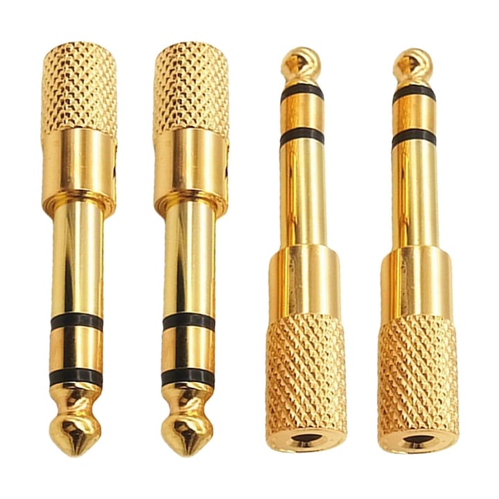 Set 4 Adaptor Jack 3.5 mm - Jack 6.5 mm, Potrivire perfecta, Calitate stereo, Transmisie stabila sigur, Usor de utilizat, Frumos si durabil, Pentru chitara electrica, pian electric si sistem stereo, Metal, 53mmx10mm, Auriu