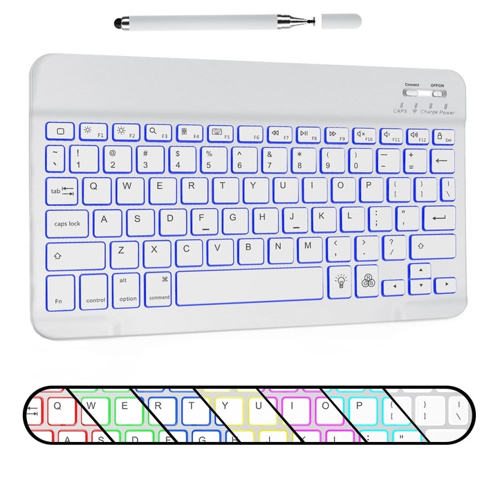 Tastatura Bluetooth, SINBINTA, Lumina Fundal 7 culori, Ultraslim, Wireless, Cablu Type-C, Baterie Reincarcabila, Compatibil cu tablete si smartphone, Portabila, Windows, Mac, Android, iOS, ABS/Metal, 10inch, Alb